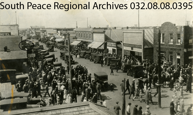 Grande Prairie, ca. 1935 - note the black circle around the Palace Cafe sign.  This photo was taken before the 1936 renovations and the arrival of the new neon sign.